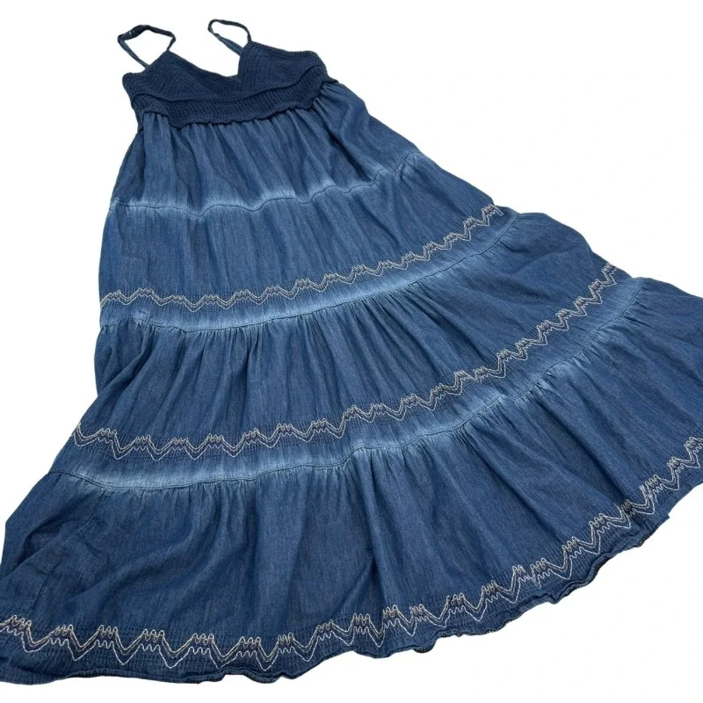 LAPIS ANTHROPOLOGIE Medium Blue Crochet Denim Tiered Maxi Dress Boho Embroidered